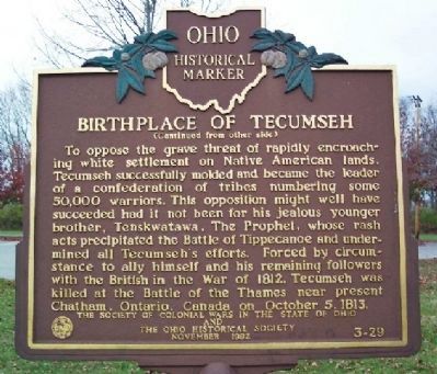 Birthplace of Tecumseh Marker </b>(reverse) image, Touch for more information