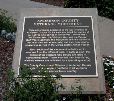 Anderson County Veterans Monument Marker image. Click for full size.