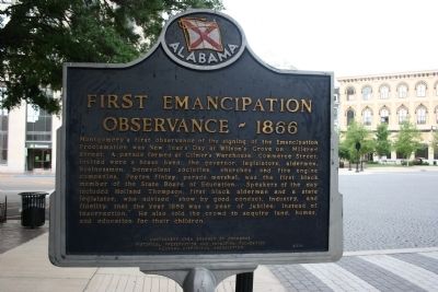 Montgomerys Slave Markets / First Emancipation Observance - 1866 Marker Side B image, Touch for more information