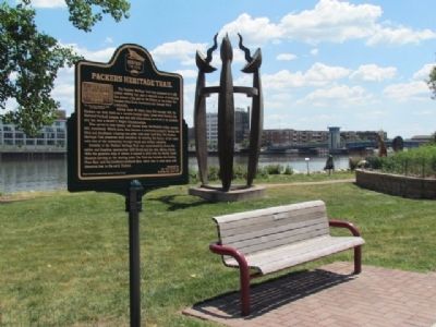 Packers Heritage Trail Marker, Fox River and artwork image, Touch for more information