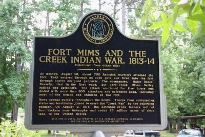 Fort Mims And The Creek Indian War, 1813-14 Marker (Reverse) image, Touch for more information