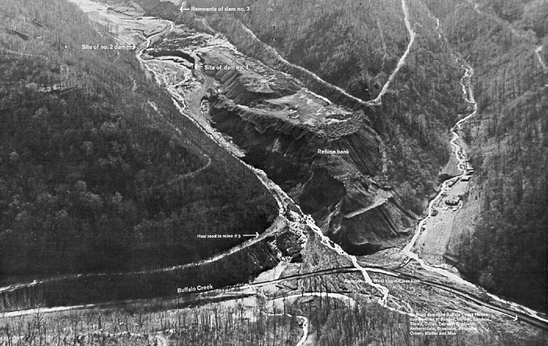 Aerial View of Buffalo Creek Area, West Virginia, taken after failure of dam #3 image. Click for full size.