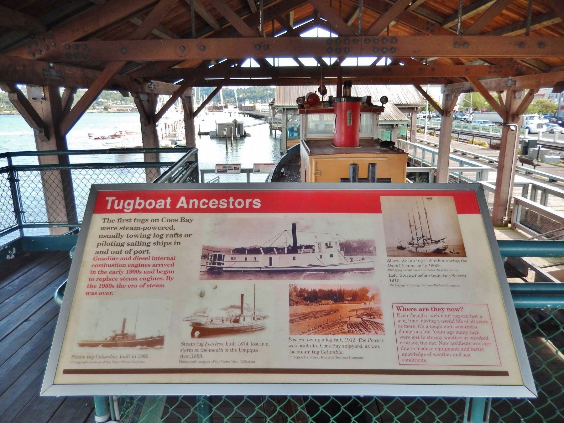 Tugboat Ancestors Marker (<i>wide view; Coos Bay Board Walk to the right</i>) image, Touch for more information