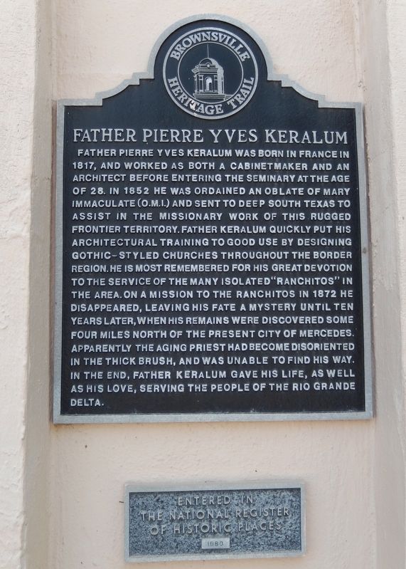 Father Pierre Yves Keralum Marker (<i>tall view; w/National Register of Historic Places plaque</i>) image, Touch for more information