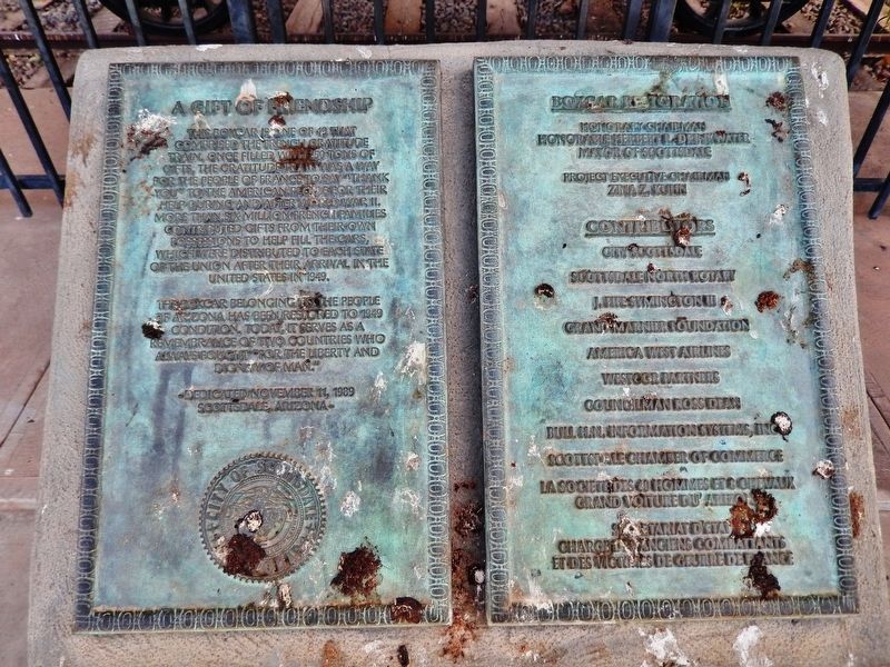 Arizona Merci Train Marker (<i>wide view; marker on left; boxcar restoration plaque on right</i>) image, Touch for more information