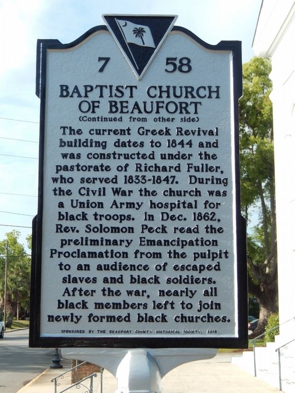 Baptist Church of Beaufort Marker<br>(<i>side 2  faces north • church on right</i>) image, Touch for more information