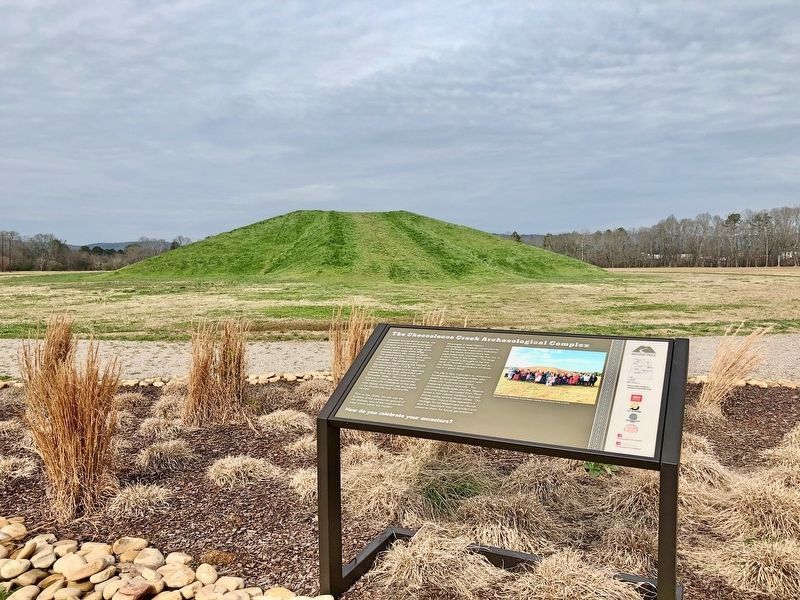 The Choccolocco Creek Archaeological Complex Marker with rebuilt mound in background. image, Touch for more information
