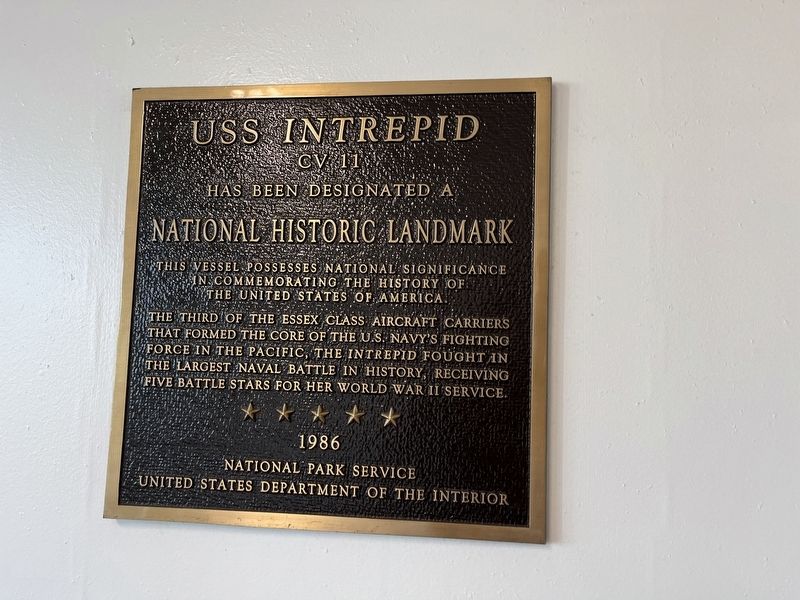 National Historic Landmark plaque for the <i>Intrepid</i> inside of the ship image. Click for full size.
