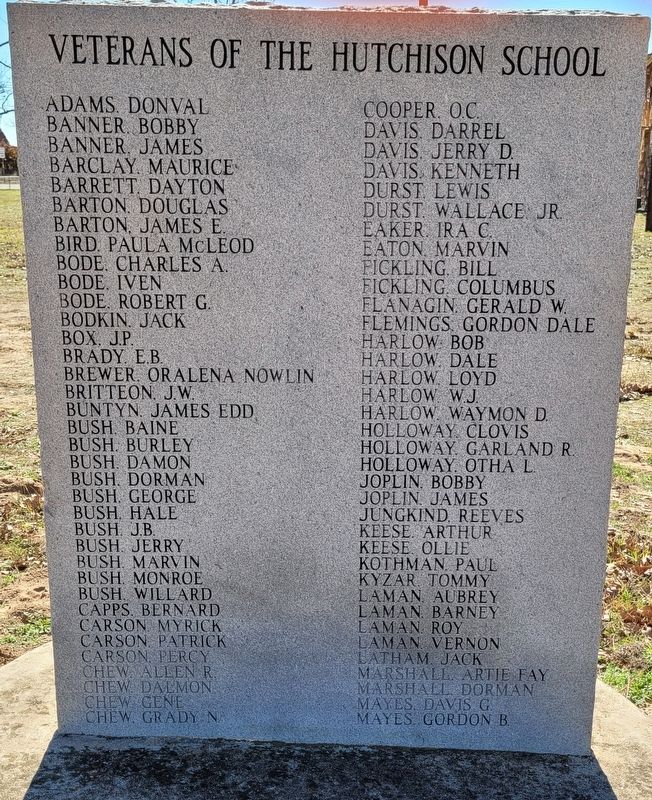 Veterans of the Hutchison School Marker - Front side image. Click for full size.