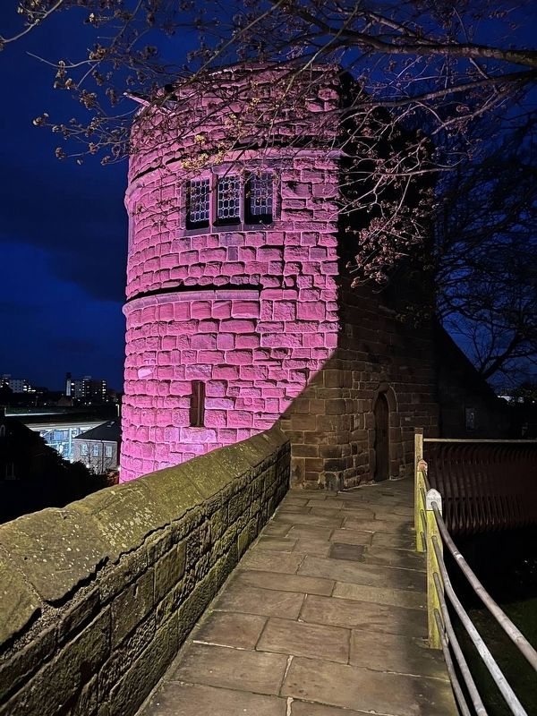 King Charles Tower at night, in colored lights image. Click for full size.