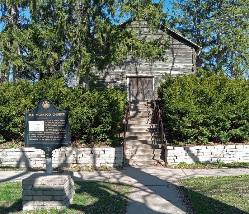 Old Muskego Church and marker at Luther Seminary image. Click for full size.