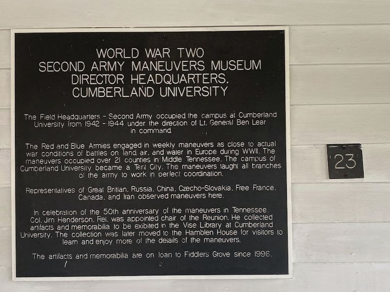 World War Two Second Army Maneuvers Museum Director Headquarters, Cumberland University Marker image. Click for full size.