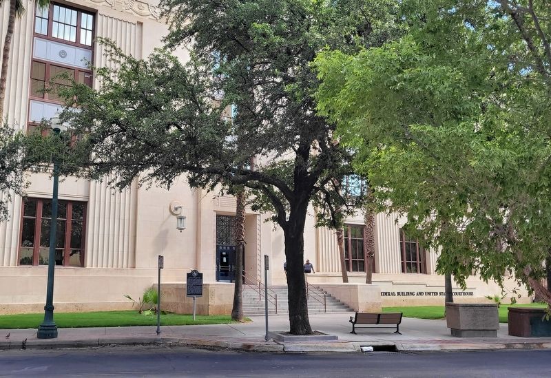 The Robert Ewing Thomason Marker in front of the R.E. Thomason Federal Building and Courthouse image. Click for full size.
