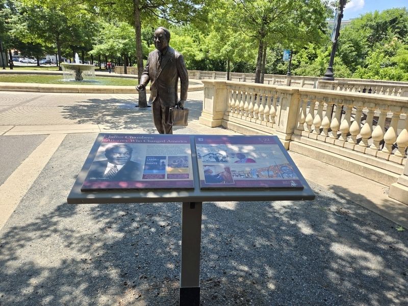 Julius Chambers marker and statue near water fountain image. Click for full size.