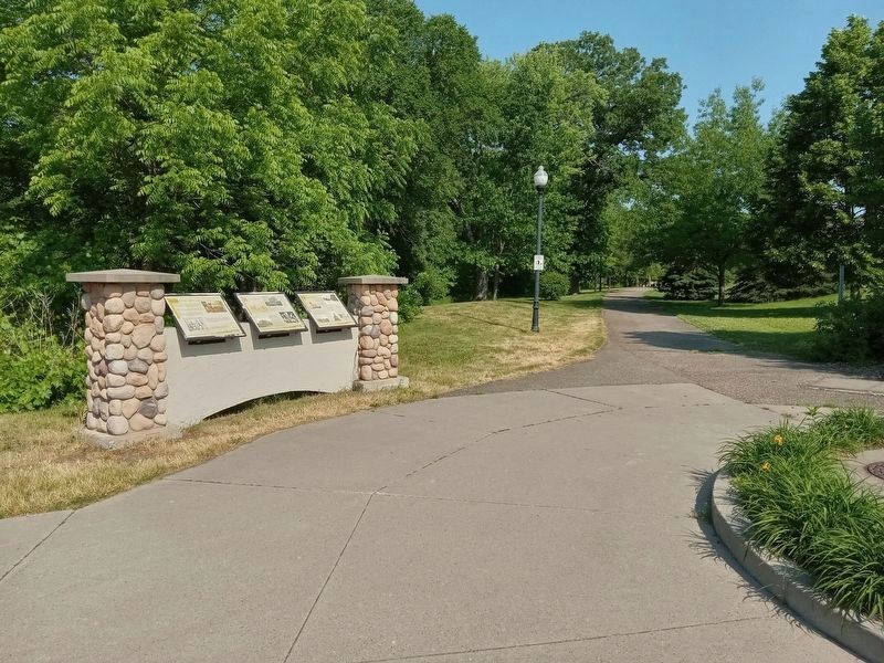 Anoka Organizes and Grows Marker (center) at the south end of the Akin Riverside Historic Promenade image. Click for full size.