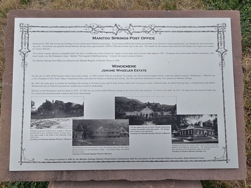 Manitou Springs Post Office /Windemere Marker. Click for full size. Manitou Springs Post Office /Windemere Marker image. Click for full size.