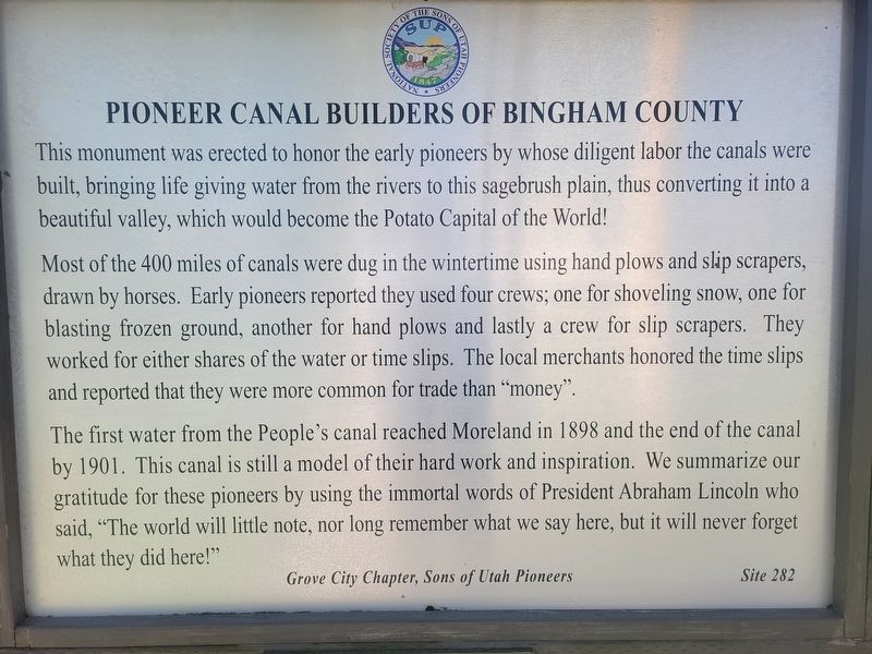 Pioneer Canal Builders of Bingham County Marker. Click for full size. Pioneer Canal Builders of Bingham County Marker image. Click for full size.